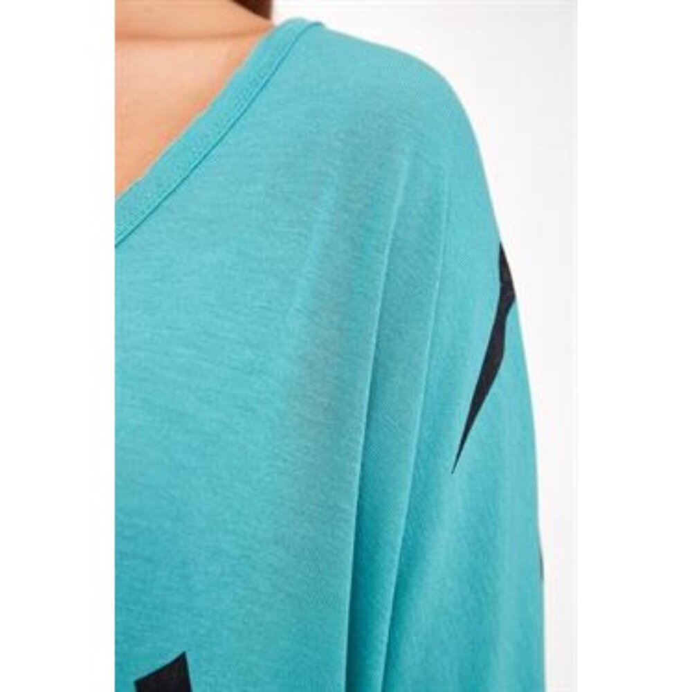L Love Lightning Bolt Teal Long Dolman Sleeve Stretchy V-neck Top - Picture 3 of 5